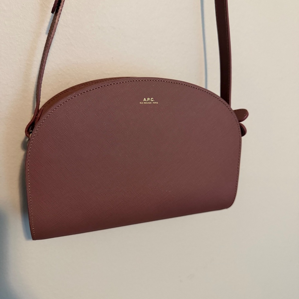 A.P.C. Demi Lune Half Moon Crossbody Bag Purple Saffiano Leather Quiet Luxury